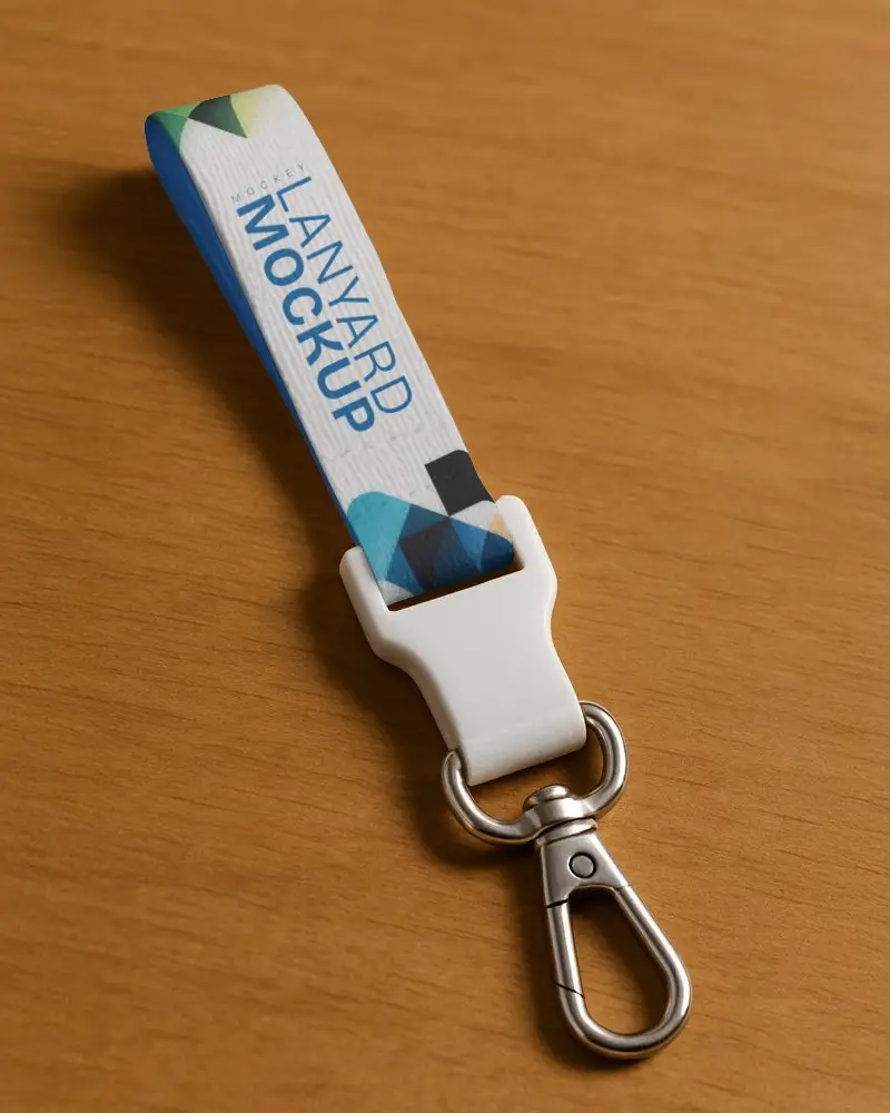 Lanyard Mockup On Wooden Surface Top Angle Metal Hook Closeup Minimal Office Accessory