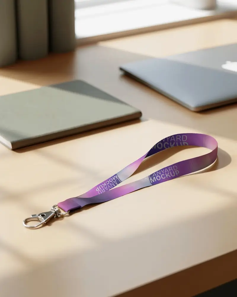 Lanyard Mockup On Desk Surface Sunlight Shadow Modern Workspace Scene With Metal Clip Attachment