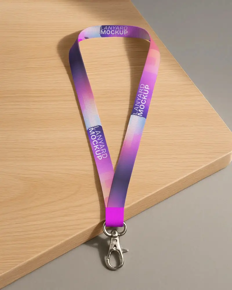 Lanyard Mockup On Wood And Grey Surface Top Down View With Metal Clip Modern Clean Presentation