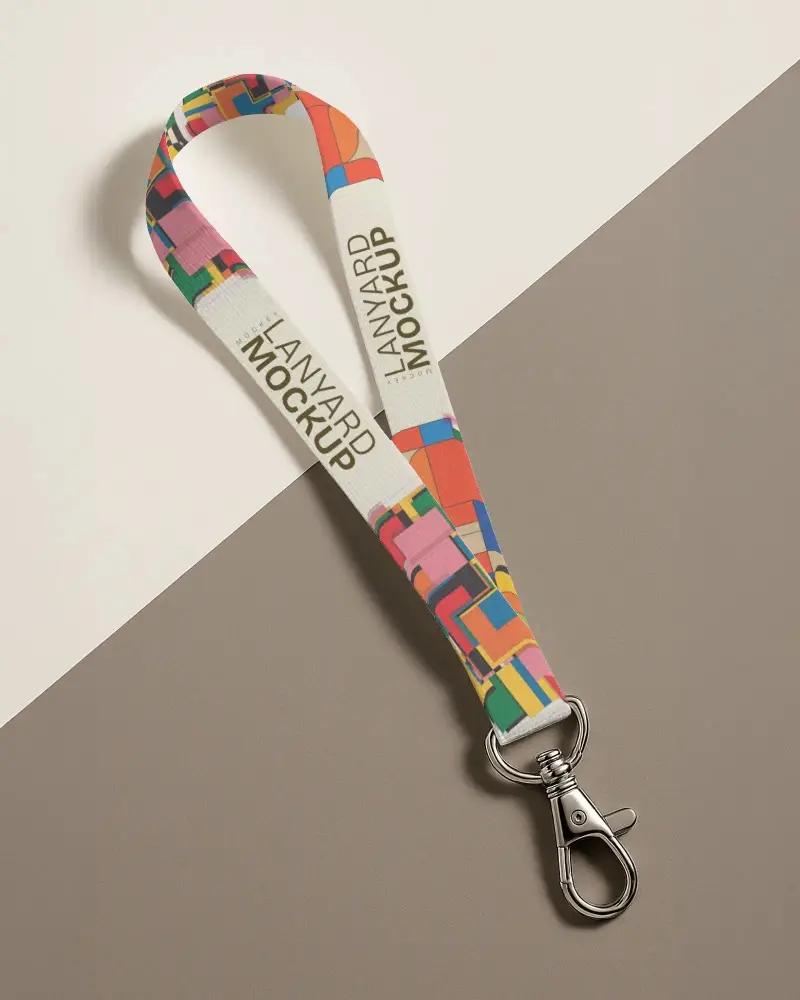 Angled Lanyard Mockup On Dual Tone Surface Top View Metal Clip Minimal Setup Branding Display