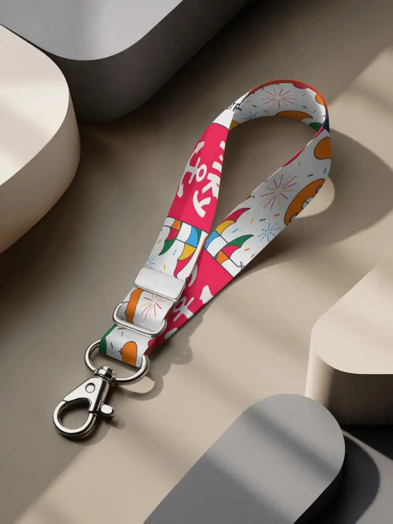 Minimal Lanyard Mockup With Metal Clip Placed On Smooth Geometric Surface In Soft Daylight Shadows