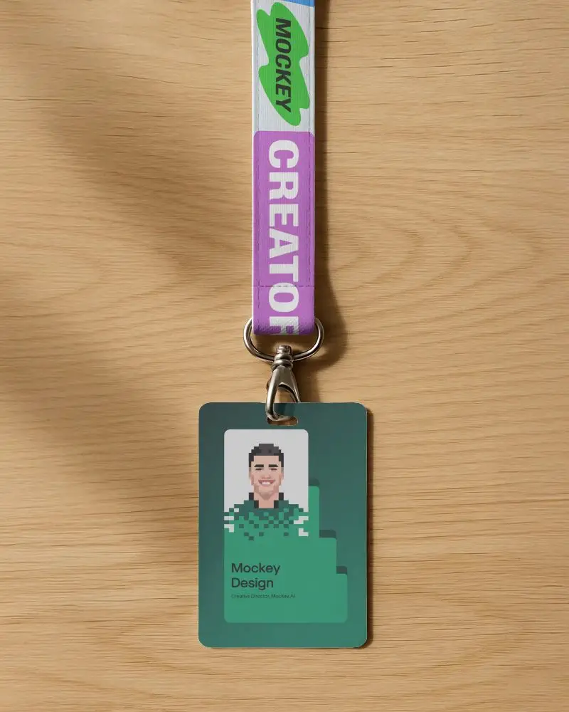 Top View Lanyard Mockup With Id Card Mockup Displayed On Wooden Surface With Metal Clip