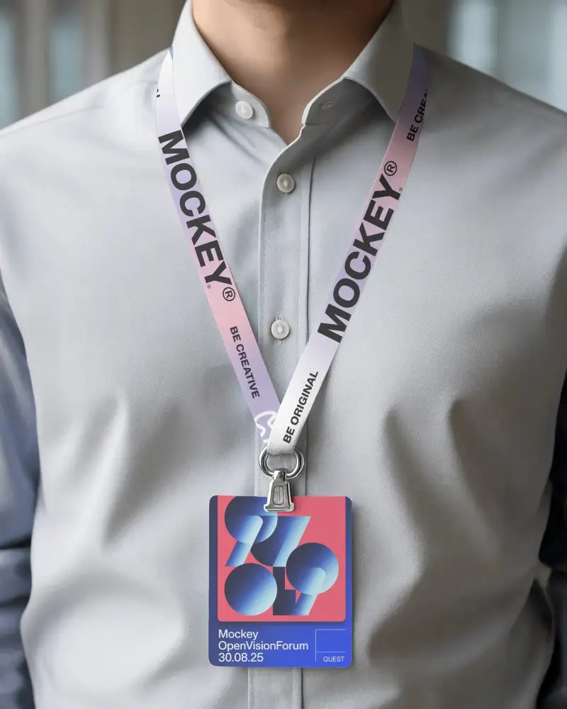 Lanyard Mockup With Id Card Hanging From Neck Wearing Button Up Shirt In Corporate Environment