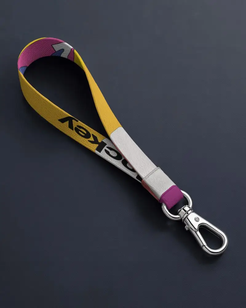 Leather Texture Lanyard Mockup Top View Metal Snap Hook On Dark Background