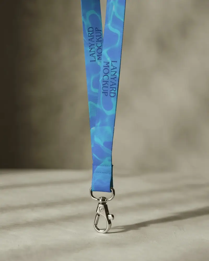 Fabric Lanyard Mockup Closeup Front View Metal Snap Hook Soft Shadow Studio Lighting