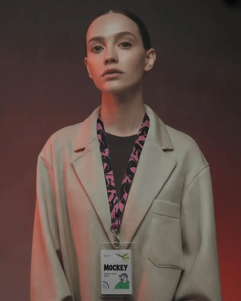 Bold Id Card Lanyard Mockup Featuring Female Model In Neutral Jacket Against Moody Backdrop