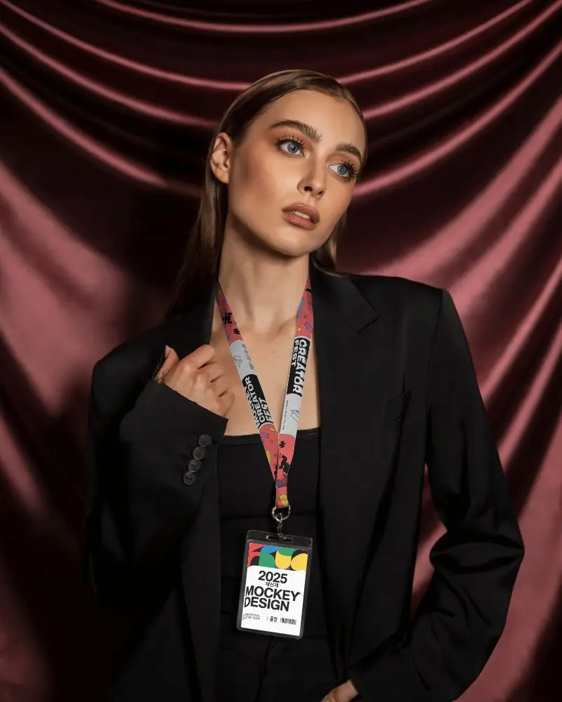 Premium Lanyard Mockup Female Model In Dark Suit With Silky Maroon Curtain Background