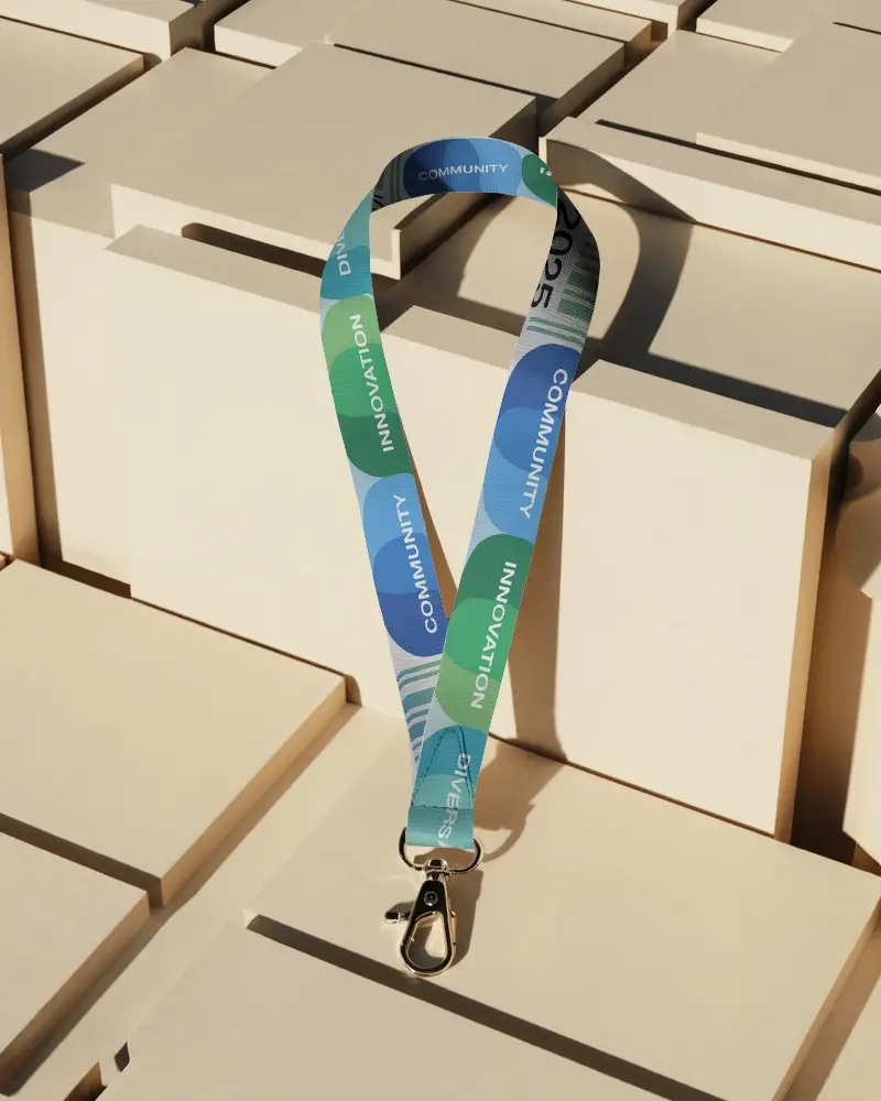 Minimalist Lanyard Mockup On Geometric Cream Blocks With Clean Modern Top View Style