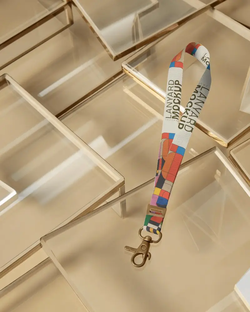 Premium Lanyard Mockup On Stylized Clear Acrylic Blocks With Modern Minimal Look