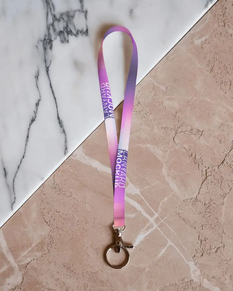 Elegant Lanyard Mockup With Metal Keyring On Marble And Stone Background Minimal Style