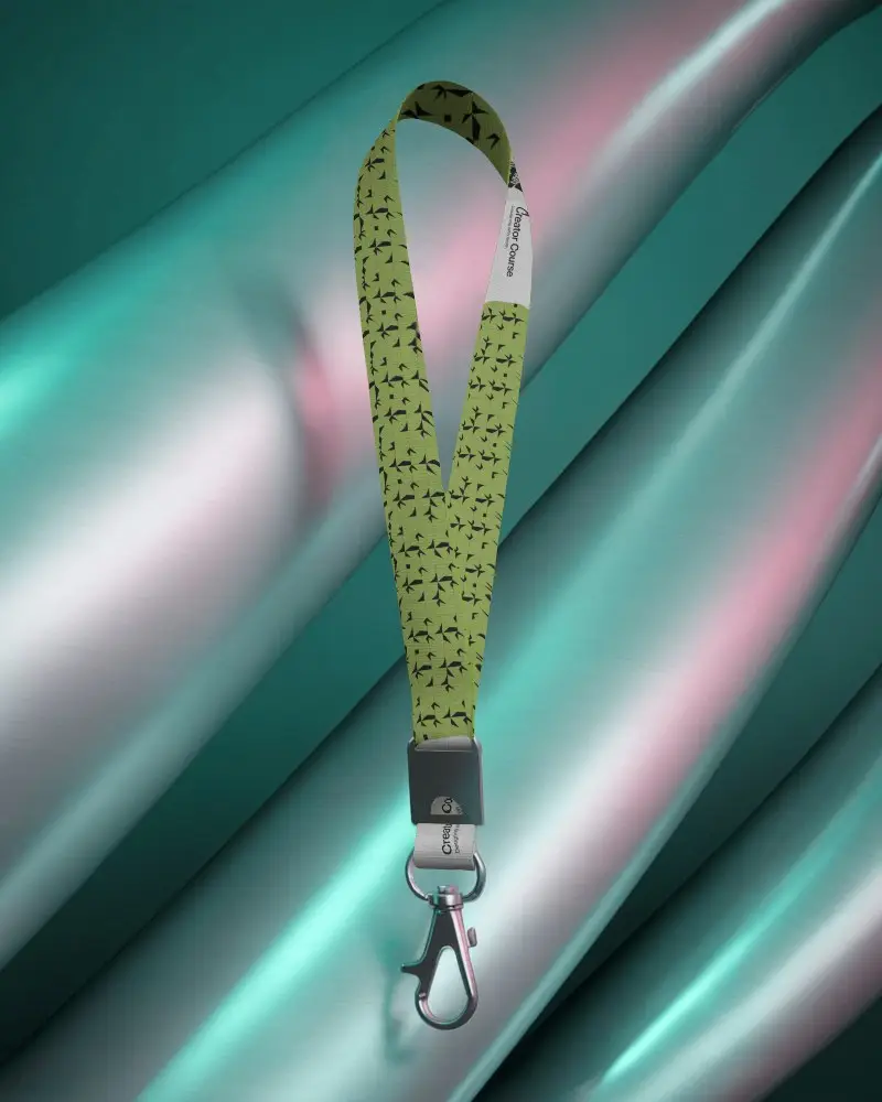 Futuristic Lanyard Mockup On Iridescent Metallic Background With Modern Stylish Look