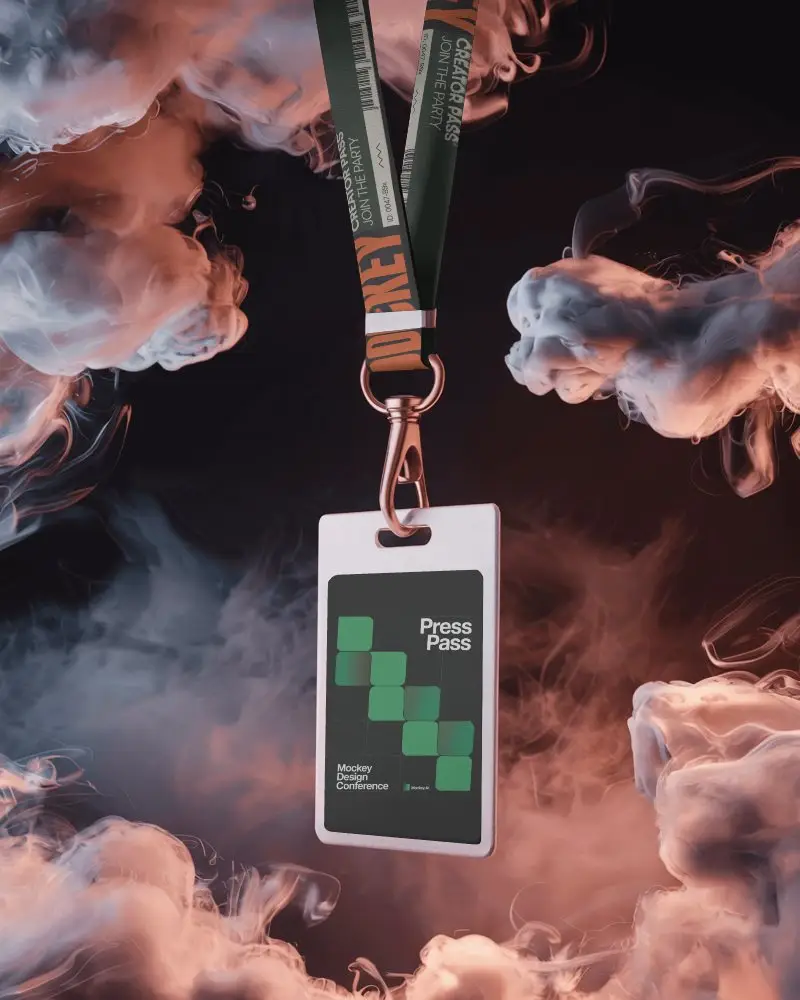 Dramatic Lanyard Mockup With Id Card Floating In Smoky Background And Soft Colored Light