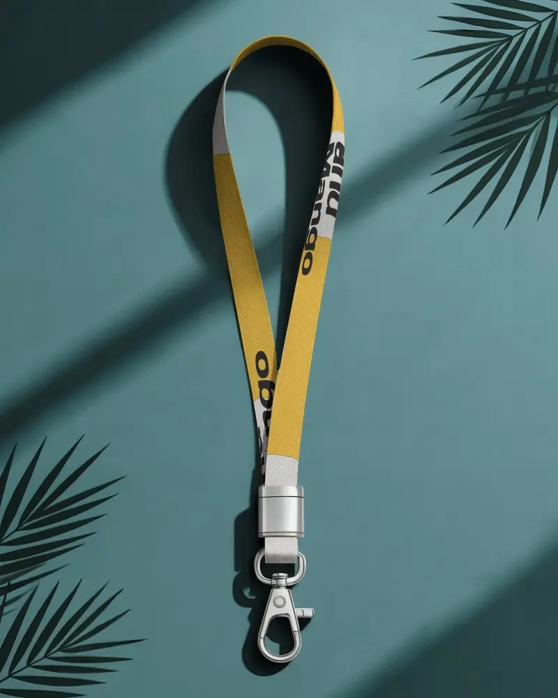 Minimalist Lanyard Mockup Featuring Metal Clip On Teal Surface With Natural Shadow Play