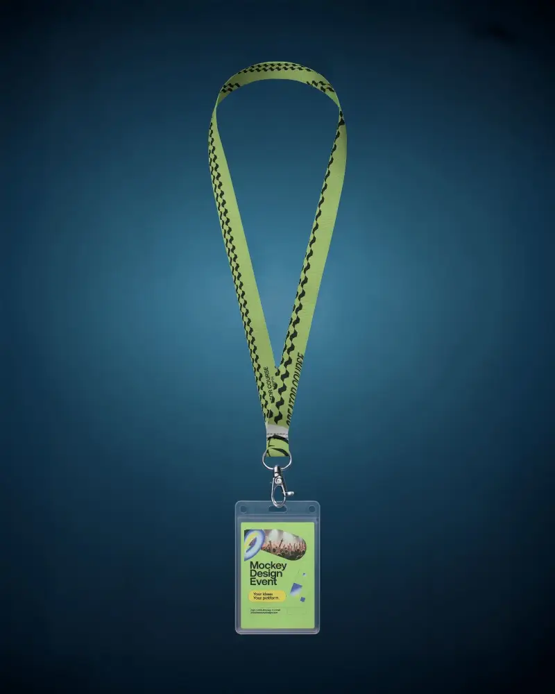 Elegant Lanyard Mockup Featuring Transparent Id Holder On Deep Blue Gradient Backdrop