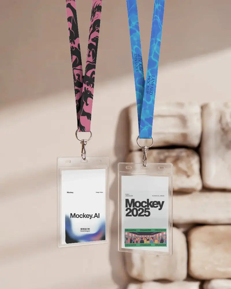 Elegant Lanyard Mockup Featuring Two Id Holders Against Warm Beige Stone Backdrop
