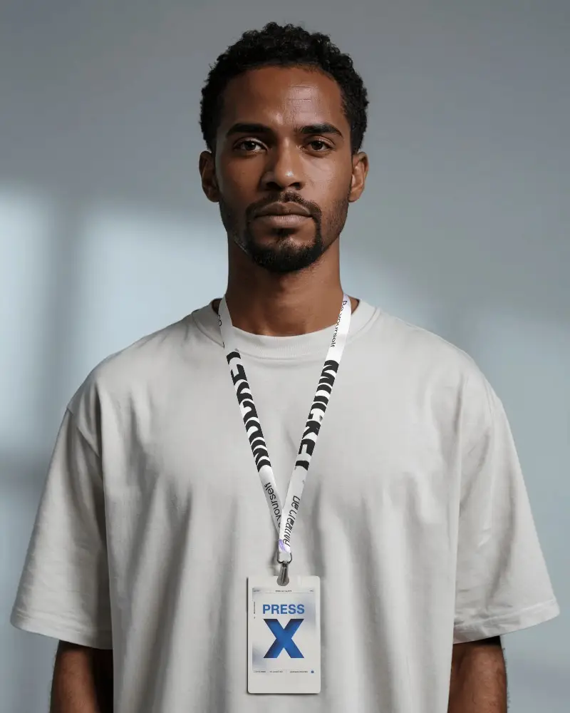Modern Lanyard Mockup On Man Wearing White Tshirt Under Soft Natural Light Minimal Look