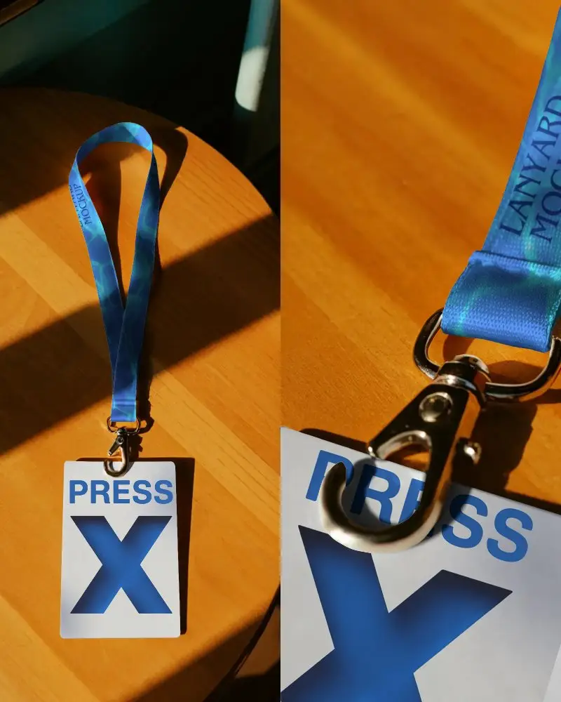 Premium Lanyard Mockup With Metal Clip And Blank Id Badge On Wooden Surface Creative Mockup