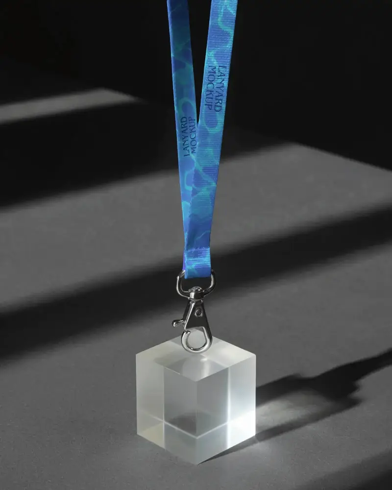 Sleek Minimalistic Lanyard Mockup With Metal Clip And Transparent Geometric Cube Mockup Design