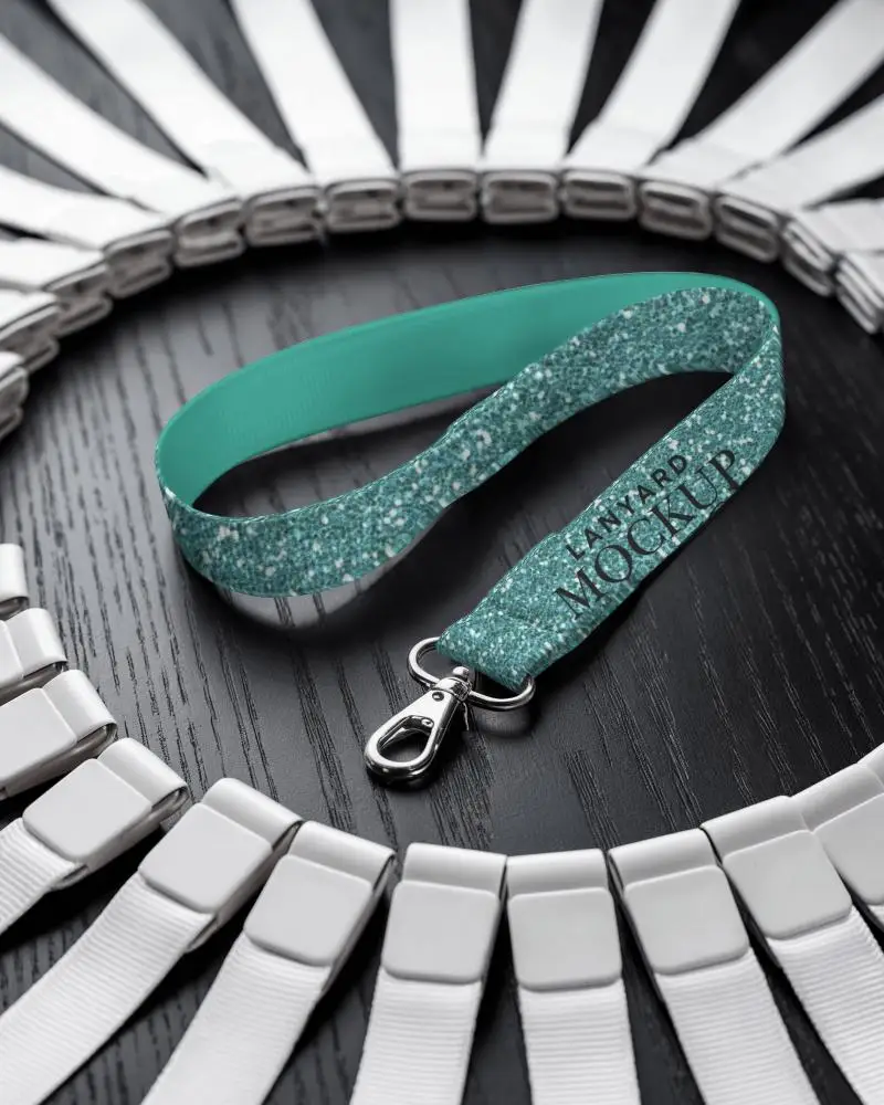 Lanyard Mockup With Metal Clip Surrounded By Stacked Lanyards On Dark Wooden Surface Organized And Elegant Presentation 034