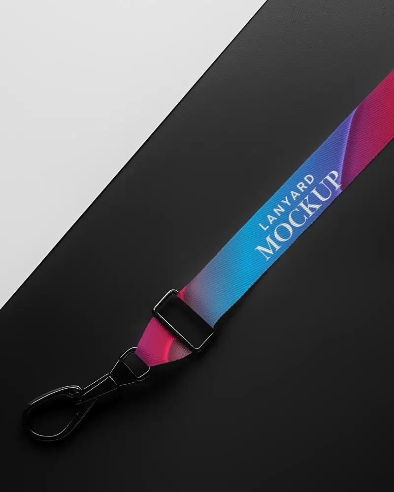 White Fabric Lanyard Mockup With Black Metal Clip Diagonal Layout On Minimal Black And White Background Clean And Modern Presentation