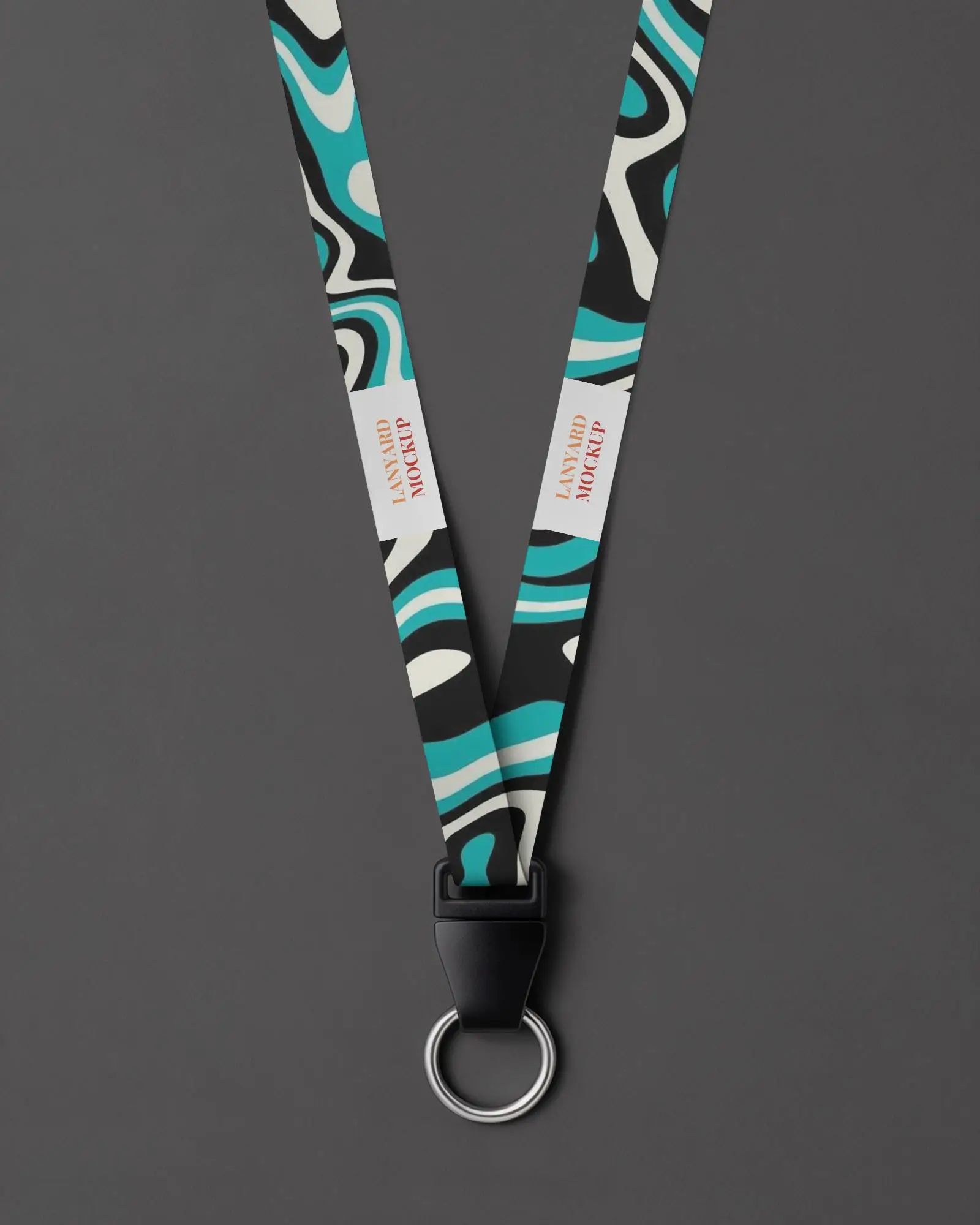 Matte Black Background Lanyard Mockup Straight V Shape Wide Flat Strap Silver Ring Black Clip Minimal And Premium Look