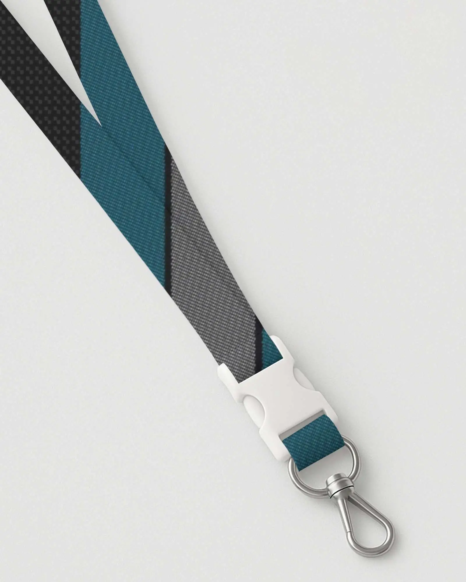 Close Up Top Angle Lanyard Mockup Soft White Background Soft Strap White Plastic Buckle And Rotating Clip Elegant Finish