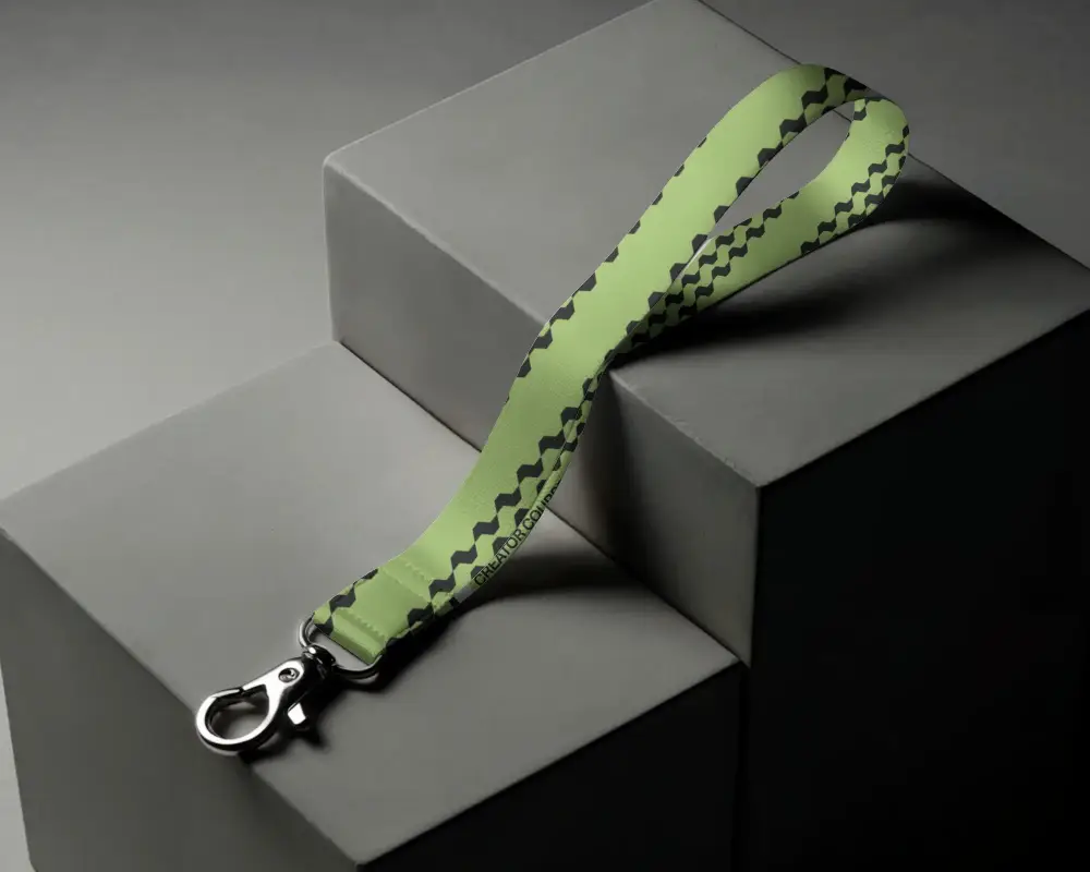 Minimalist Lanyard Mockup With Metal Clip Displayed Geometric Platform Under Soft Directional Light