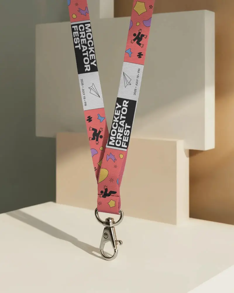 Lanyard Mockup Hanging Freely On Minimal Geometric Platforms With Metal Clip And Straight Flat Strap