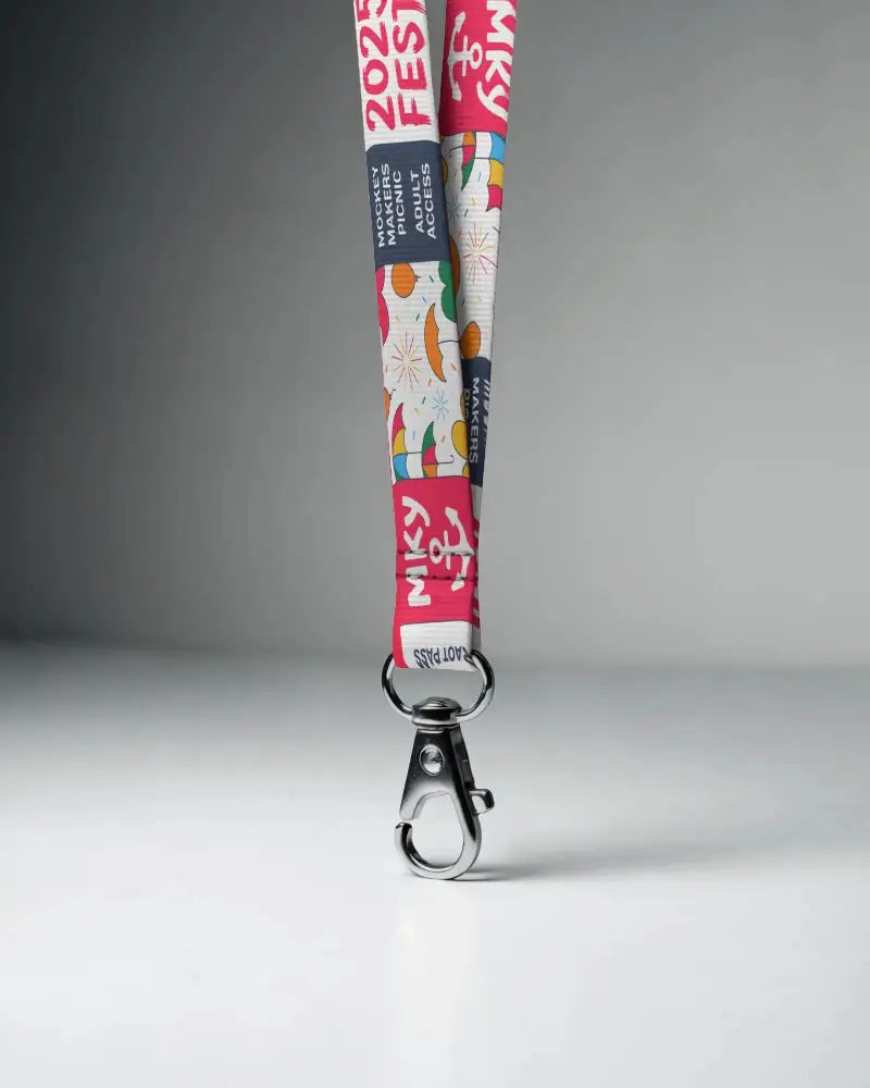 Minimal Lanyard Mockup Hanging Front View On Clean Surface With Metal Clip And Soft Lighting