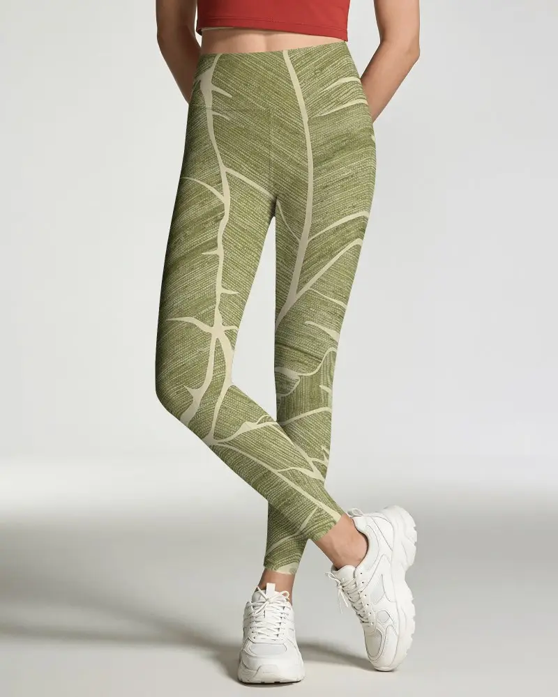 Front View Womens Leggings Mockup With High Rise Waistband Crossed Leg Pose And Hands Behind Back