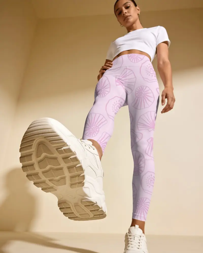 Low Angle Leggings Mockup With Female Model Stepping Toward Camera And Oversized Sneaker Sole
