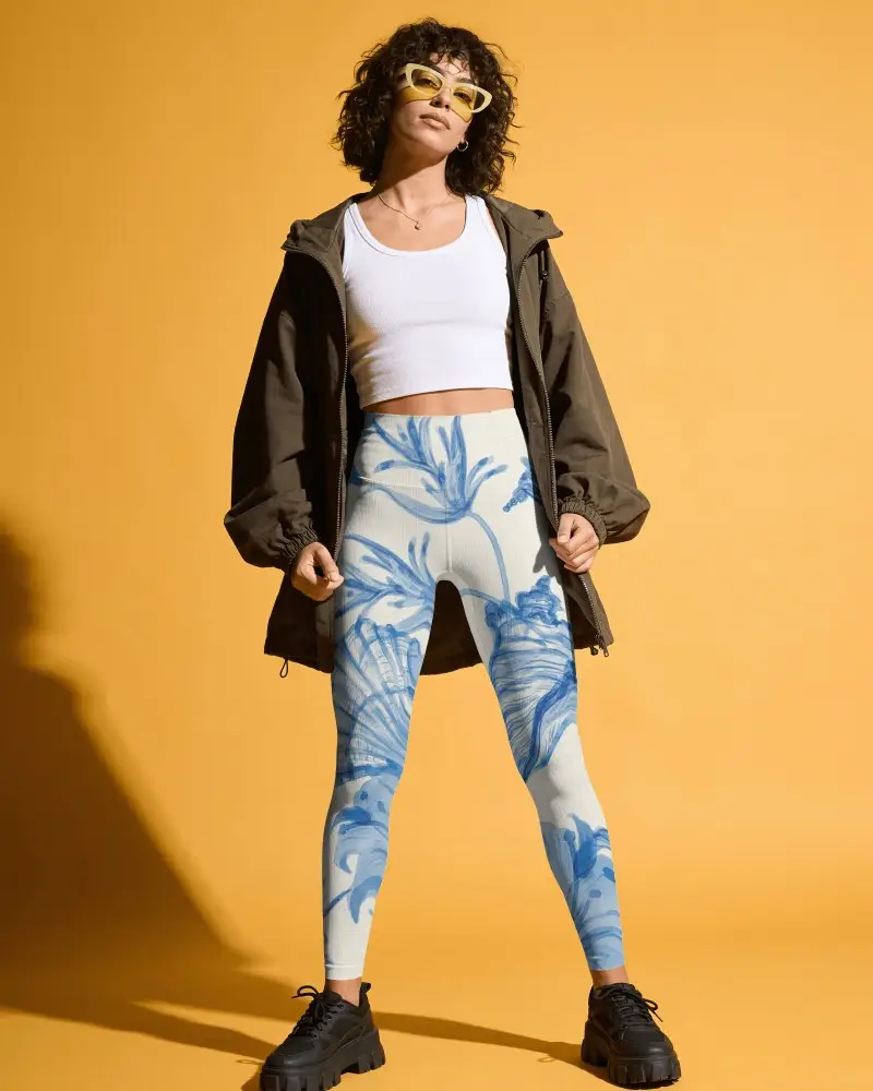 Full Body Womens Leggings Mockup With Power Stance Open Jacket And Retro Sunglasses In Bold Studio