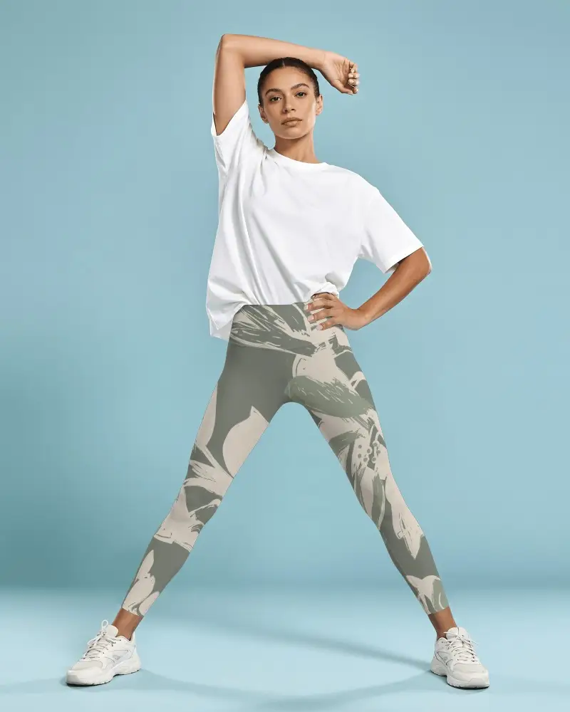 Full Body Womens Leggings Mockup With Wide Athletic Stance One Arm Raised And Hand On Hip