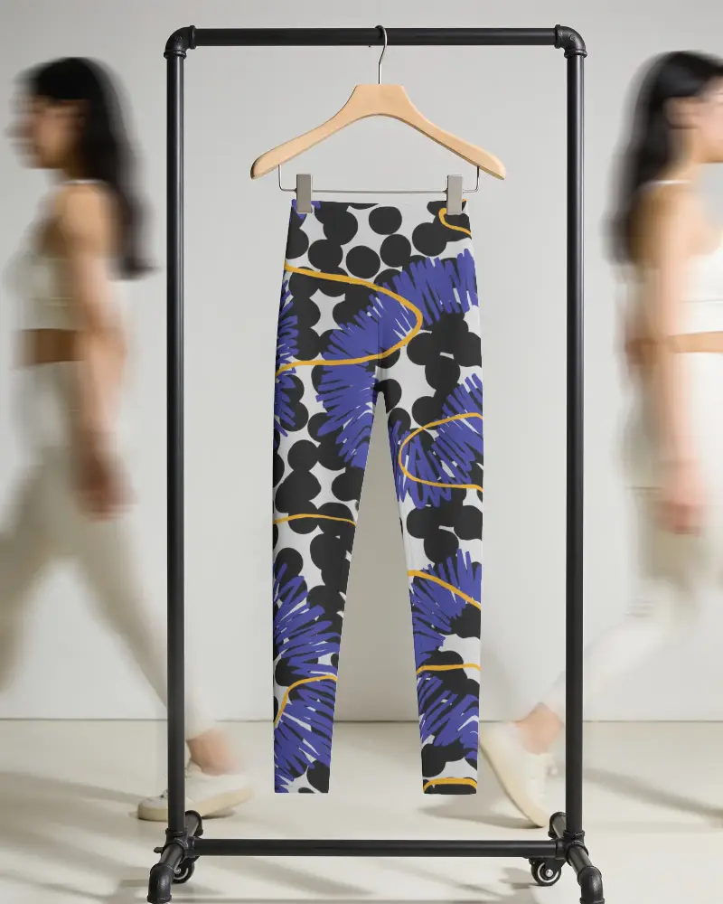 Hanging High Waist Leggings Mockup On Clothing Rack With Motion Blurred Models