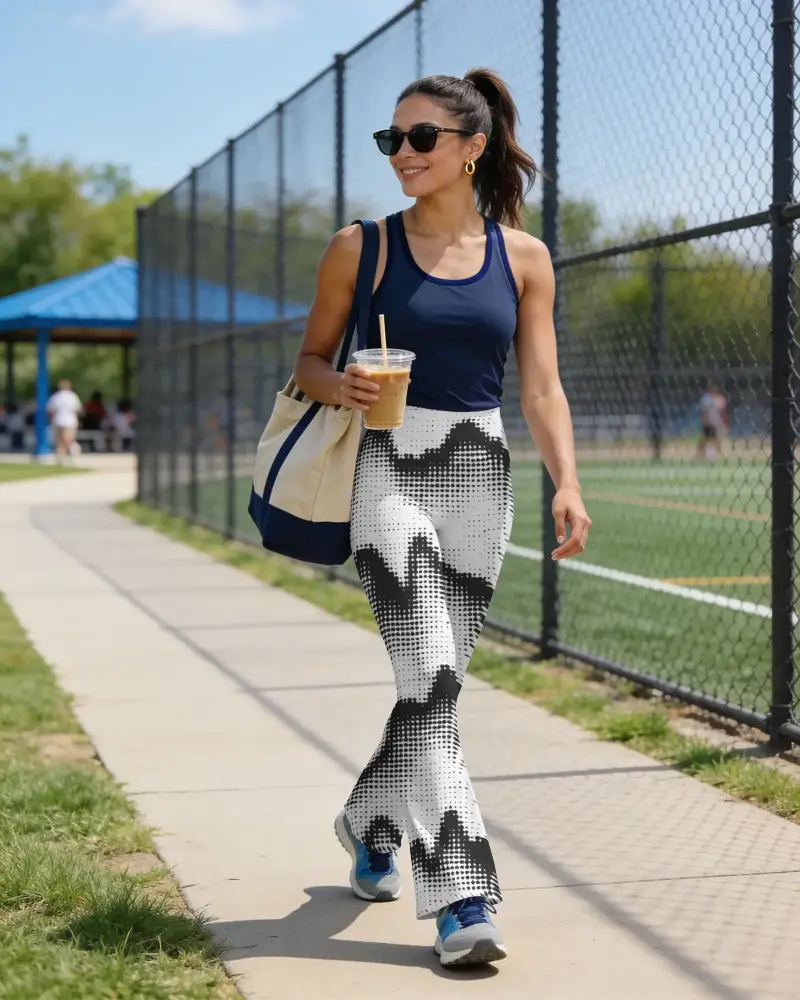 Walking Model Flared Leggings Mockup By Sports Court With Tote And Cold Drink