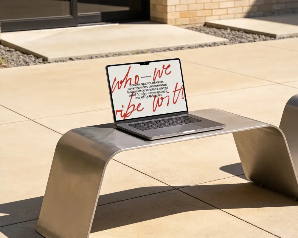 Sleek Modern Macbook Pro M2 Mockup On Curved Metallic Bench Outdoor Urban Workstation Style