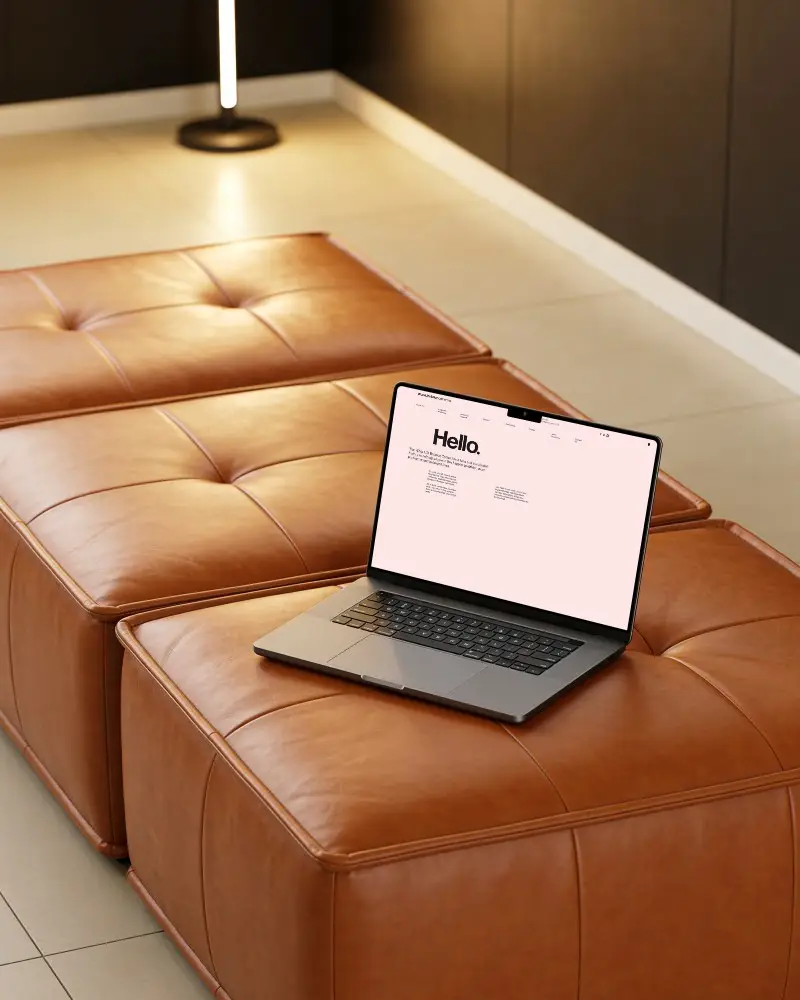 Realistic Macbook Air M2 Mockup Angled View On Upholstered Leather Ottoman In Cozy Office Room