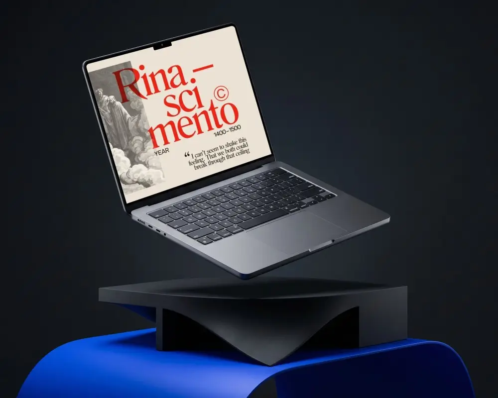 High Resolution Macbook Pro M2 Mockup Hovering Over Minimalist Shape Background For Design Showcase