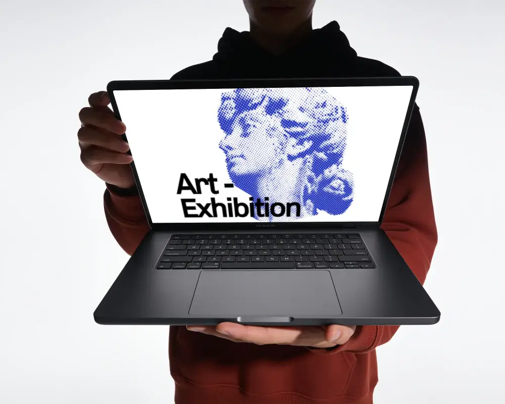 Person Holding Open Macbook Air M1 Laptop Mockup For Technology Presentation