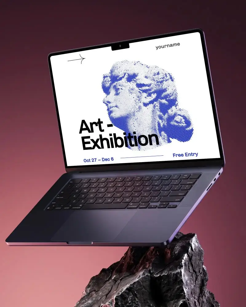 Minimal Macbook Pro M3 Mockup Floating Rock Background High Quality Technology Showcase