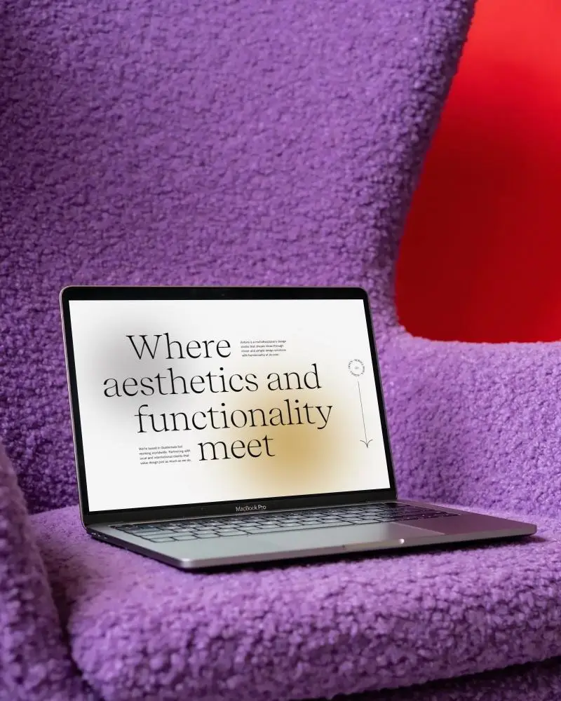 Sleek Modern Macbook Pro M1 Mockup On Textured Fabric Chair For Creative Project Presentation