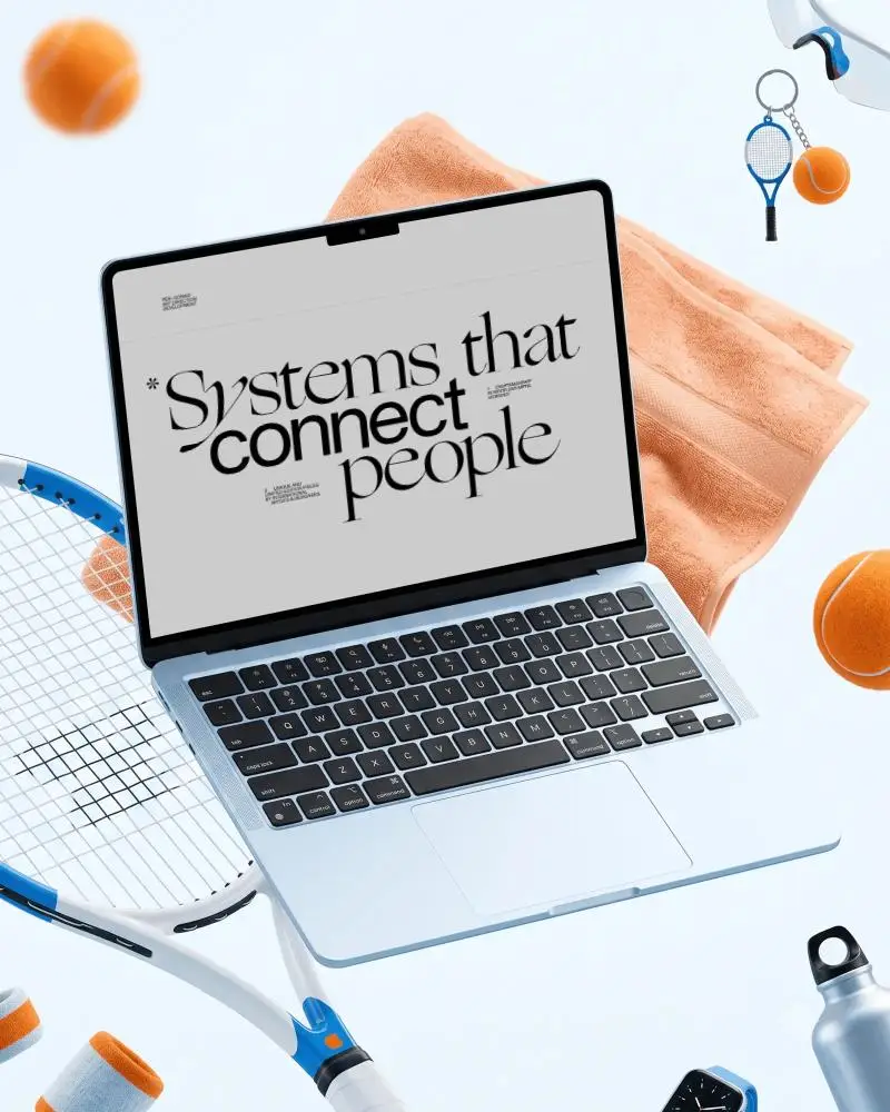 Professional Macbook Air M4 Mockup Surrounded By Sports Towels And Tennis Equipment