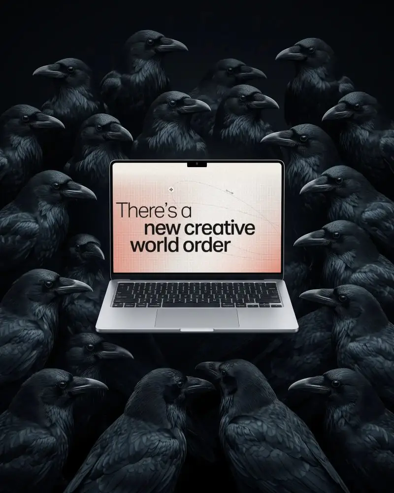 High Resolution Macbook Air M4 Mockup Display Isolated On Dark Background With Ravens Flocking