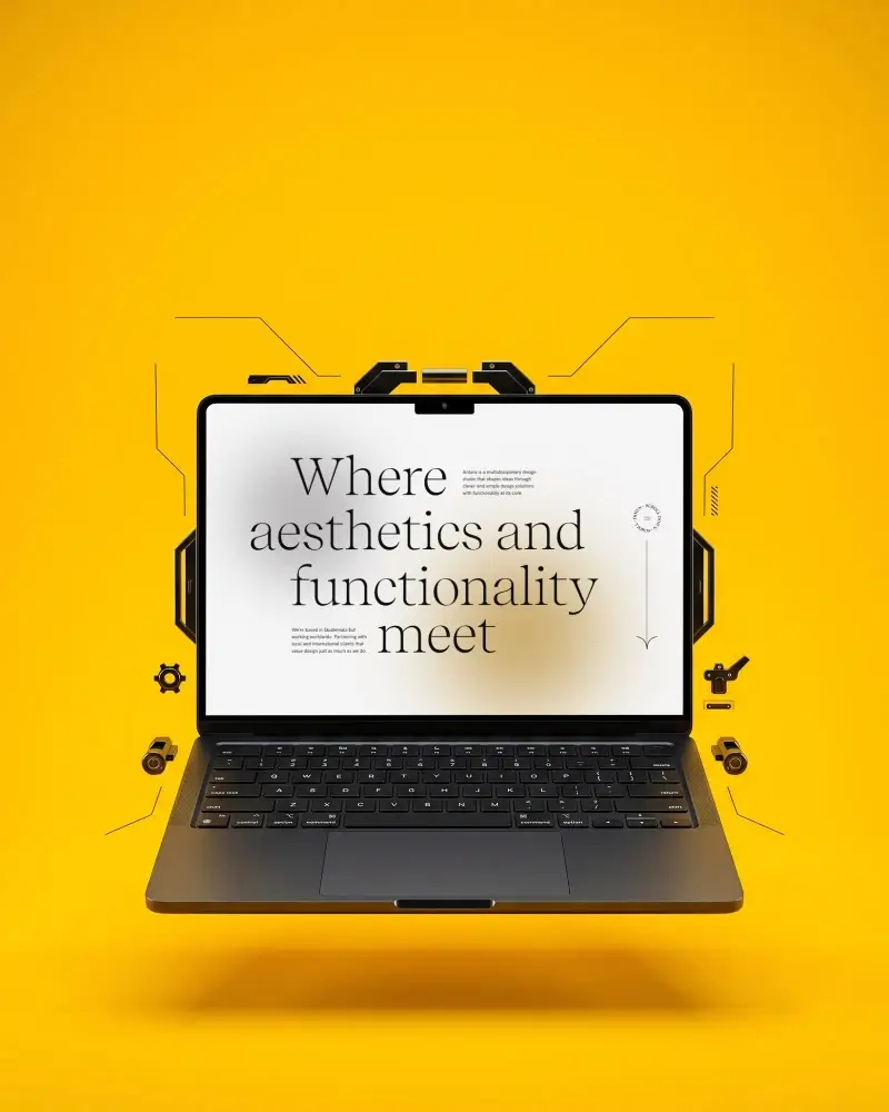 Sleek Modern Pro M5 Macbook Mockup With Technical Elements Floating Over Solid Background