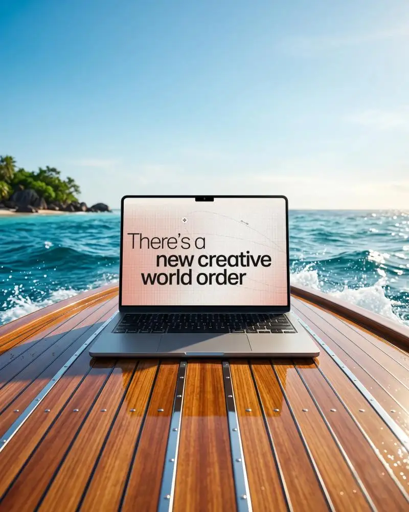 Realistic Macbook Air M2 Mockup On Vintage Wooden Boat Floating On Tropical Sea For Showcase