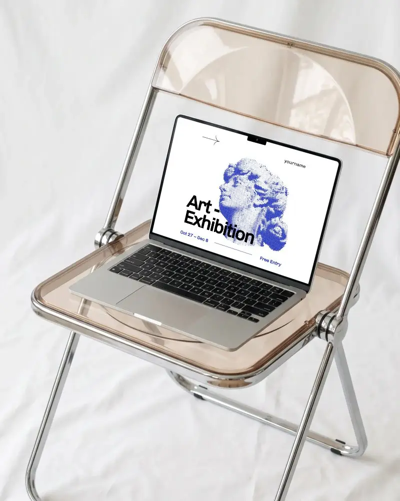 Macbook  Air M3 Mockup On Clear Acrylic Chair Minimal Workspace Clean Tech Design Presentation