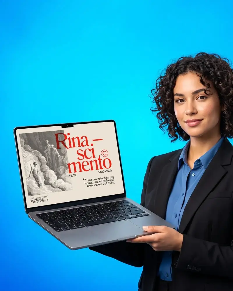 Professional Woman Holding Macbook Air M2 Mockup With Blank Screen For Web Design Presentation