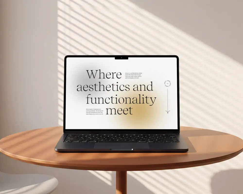 Realistic Macbook Air5 Mockup On Round Wooden Table With Shadow Stripes On Wall