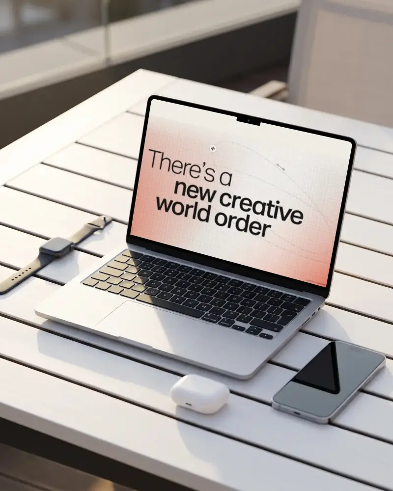 Modern Macbook Air M3 Mockup With Sleek Smartwatch And Earbuds On Minimalist Outdoor Tabletop