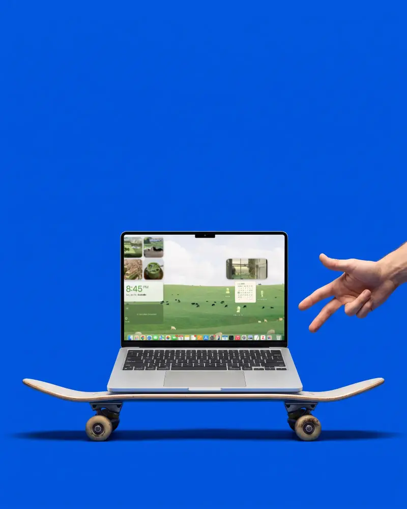 Macbook Pro M5 Mockup On Skateboard With Hand Gesture Modern Technology Presentation Design